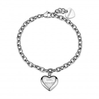 Bracciale catena in acciaio con pendente a forma di cuore e incisione "Girl power".