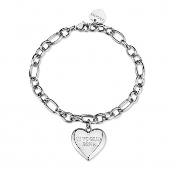 Bracciale catena in acciaio con pendente a forma di cuore e incisione "Ti voglio bene".
